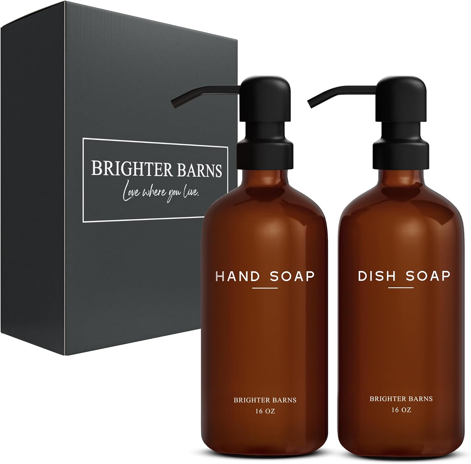 Amber Glass Hand and Dish Soap Dispenser Set by Brighter Barns - Modern Kitchen Decor & Accessories for Airbnb, RV, Office, Housewarming Gifts (Amber)